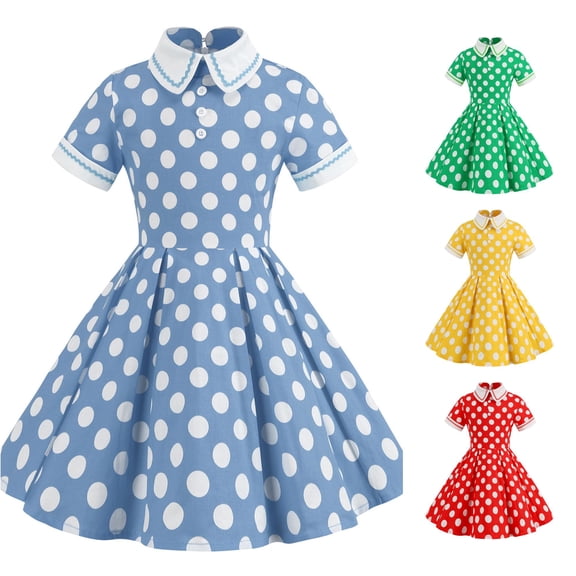 FYDUU Kids Girls Polka Dot Dress 1950S Vintage Dresses Short Sleeve Turndown Collar A-Line Swing Party Dress Casual Midi Sundress 5-6 Years
