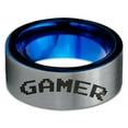 thumbnail image 2 of Tungsten Gamer Typography Writing Band Ring 8mm Men Women Comfort Fit Blue Flat Cut Brushed Gray Polished, 2 of 4