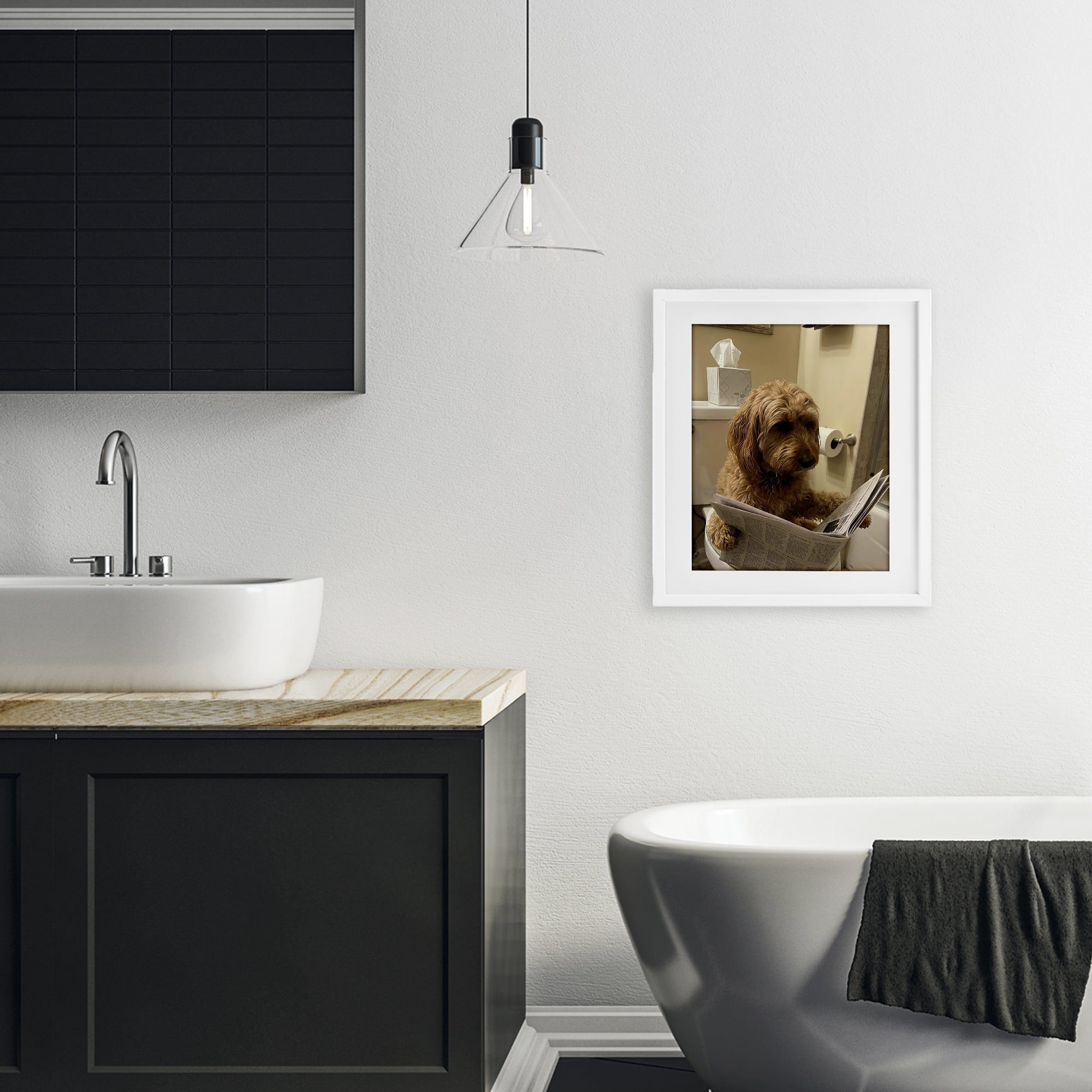 Stupell Industries Dog & Paper on Toilet White Framed Print Under Glass, design by Abigail Walker