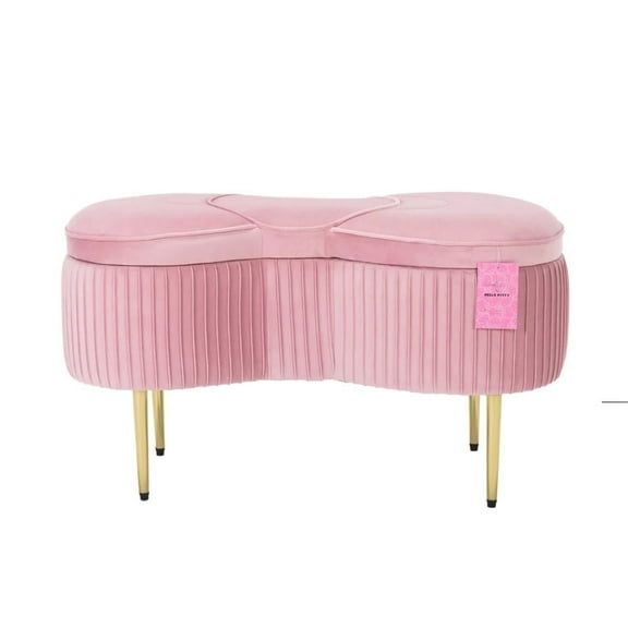 Impressions Vanity Hello Kitty Bow Velvet Ottoman Bench with Storage, Gold Metal Legs (Pink)