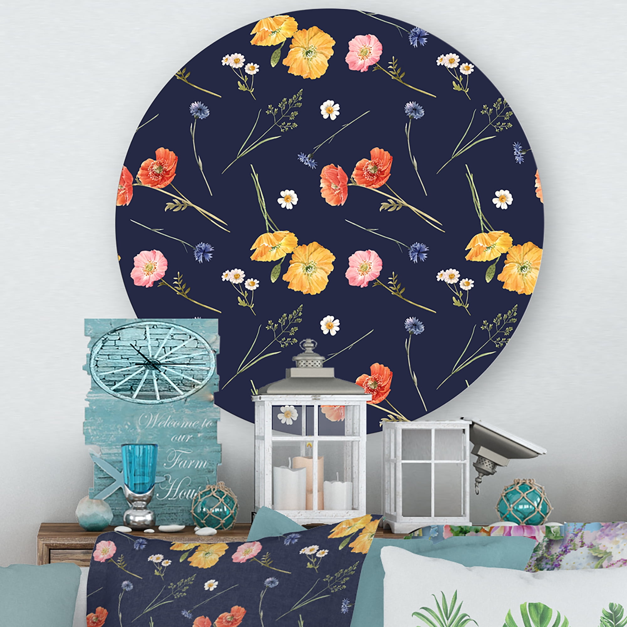 Designart 'Yellow and Orange Wild Flowers On Dark Blue' Traditional Circle Metal Wall Art 11x11 - Disc of 11