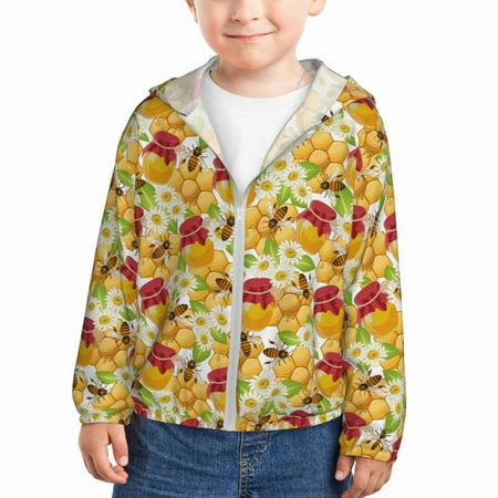 

Vsdgher Bees Honeycomb Jars Of Honey Flowers Kids Sun Protection Hoodie with Zip Rash Guard Tops Children s Long Sleeve Sun Protection Clothing - 3 Years