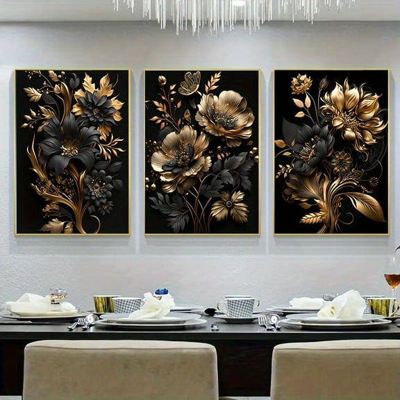 3pcs scandinavian Art Frameless Black and Gold Flower Poster - Modern Wall Picture for Living Room Home Decoration