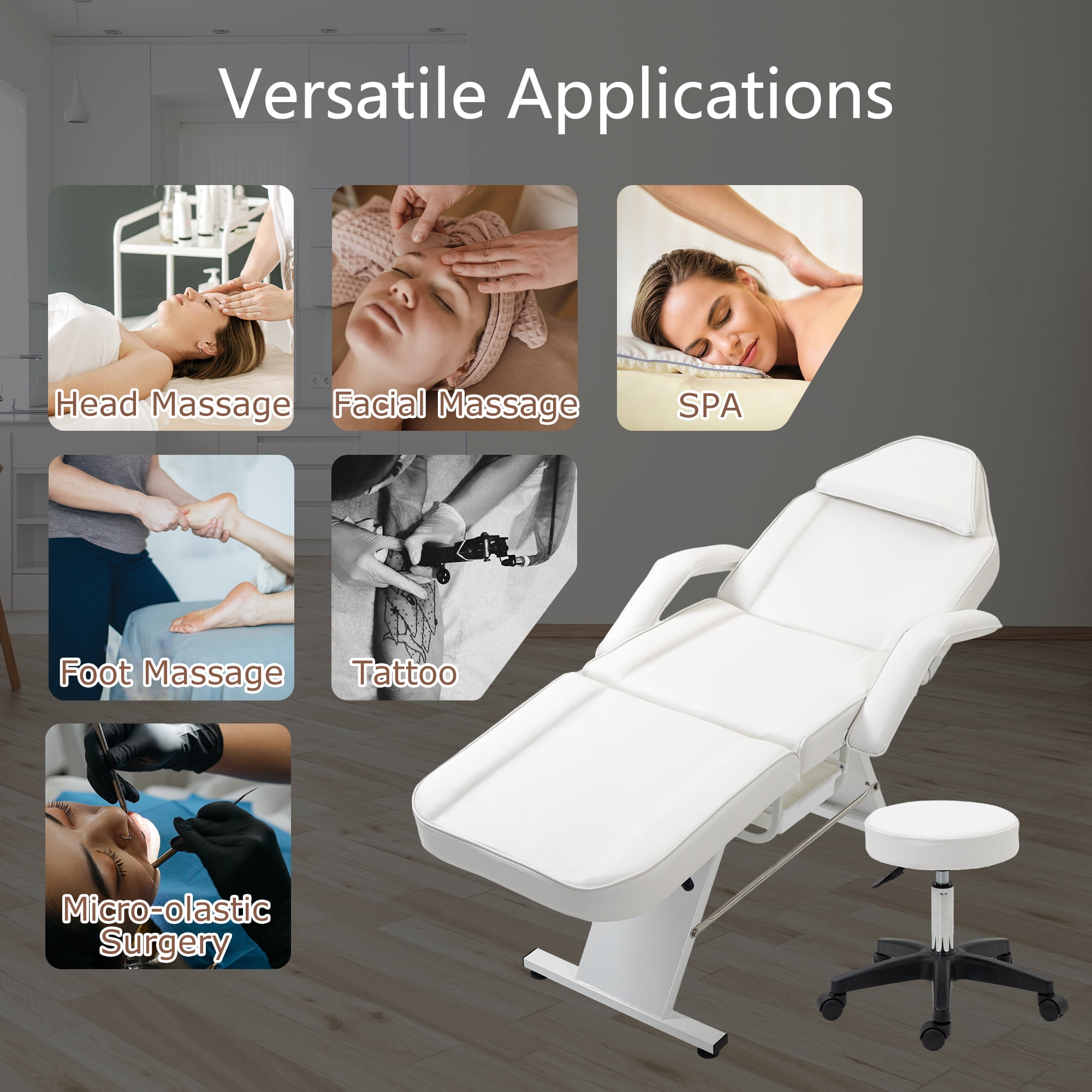 Miniyam 72.7" x 24.4" x 27.6" 3-in-1 Massage Bed & Tattoo Chair – 2 Trays, Hydraulic Stool, Adjustable 3 Sections – for Facial, Beauty, Barber – White