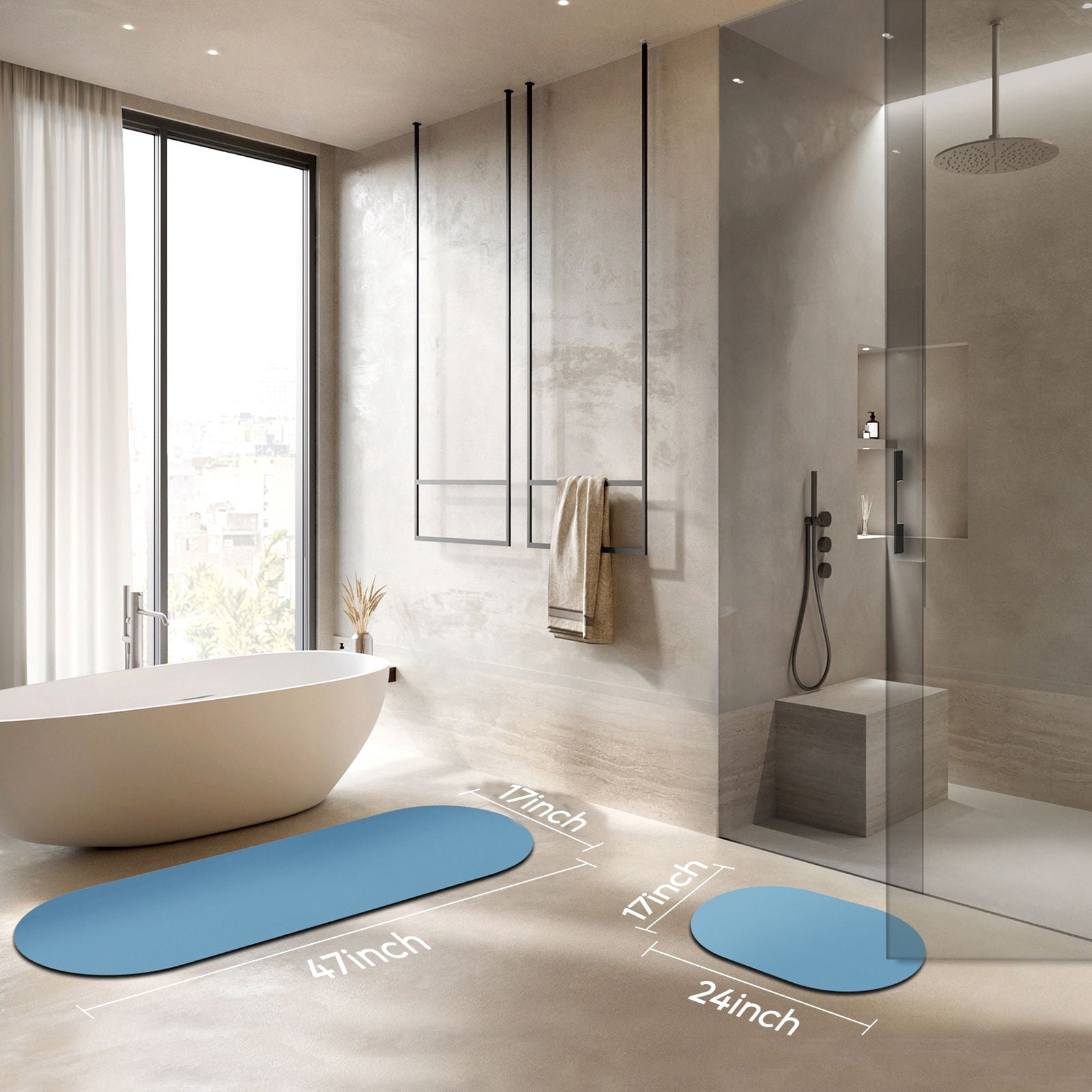 Phantoscope 2-Piece Diatomite Stone Bath Mat Set, Quick-Dry Non-Slip Bathroom Rugs, Blue, 17 x 24 in and 17 x 47 in