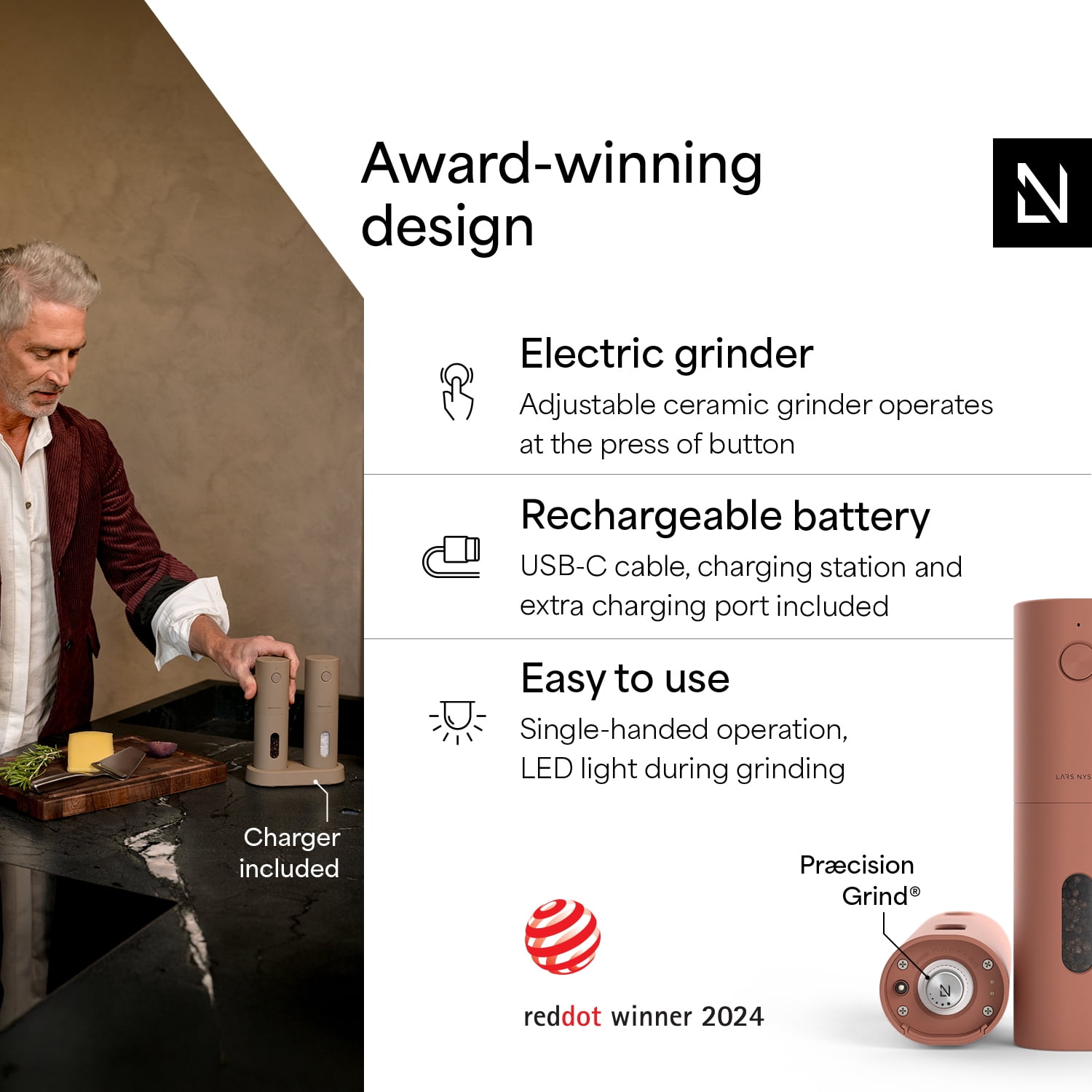 LARS NYSØM Electric Salt and Pepper Grinder Set I Automatic Salt and Pepper Mills with Adjustable Ceramic Grinder I USB Rechargeable Electric Spice Mill Set (Brick Red)