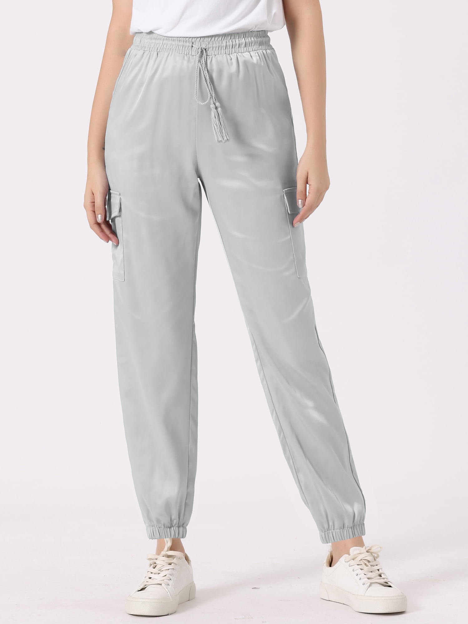 DARING DIVA Women's Drawstring Elastic High Waist Satin Cargo Pants S Light Grey