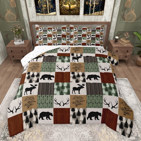 Feelyou Rustic Bear Deer Bedding Comforter Set for Men, Adventure Camping Lover Twin Comforter Sets, Green Red Buffalo Reversible Bedding Set, Luxury Bedroom Decor, 2pcs