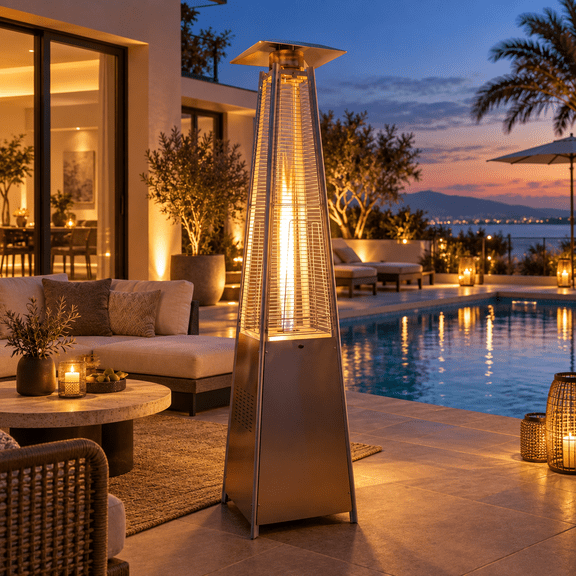 KAMEROUT Pyramid Patio Heater, 48,000 BTU Outdoor Propane Heaters with Tip-Over Protection, Cover & Wheels for Deck, Backyard, Commercial
