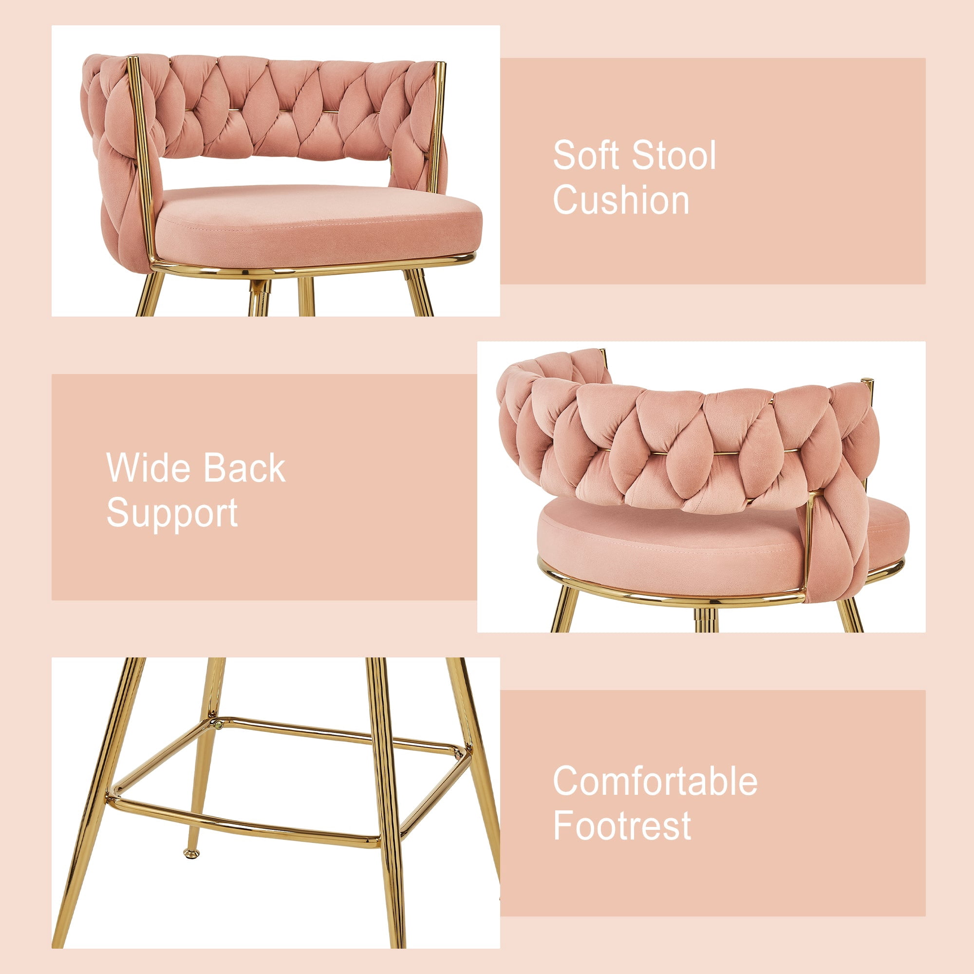 VECELO Modern Braided Bar Stools Set of 2 – Velvet Counter Height Upholstered Stools with Woven Back Support & Footrest, Heavy-Duty Metal Frame Bar Chairs for Kitchen Island,Pink