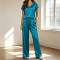 thumbnail image 2 of Silk Pajamas for Women 2 Piece Satin Pjs Cap Short Sleeve Sleepwear V Neck Shirt Long Pant Lounge Sets Dark Blue XXL(XXL), 2 of 6
