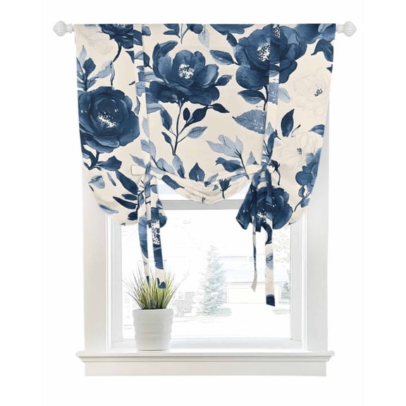 Navy Blue Peony Tie Up Curtains for Window, Thermal Insulated Balloon Shade Adjustable Rod Pocket Curtains Valance Panels for Kitchen Bathroom Cafe 42 x 54 Retro Floral Botanical Blossom