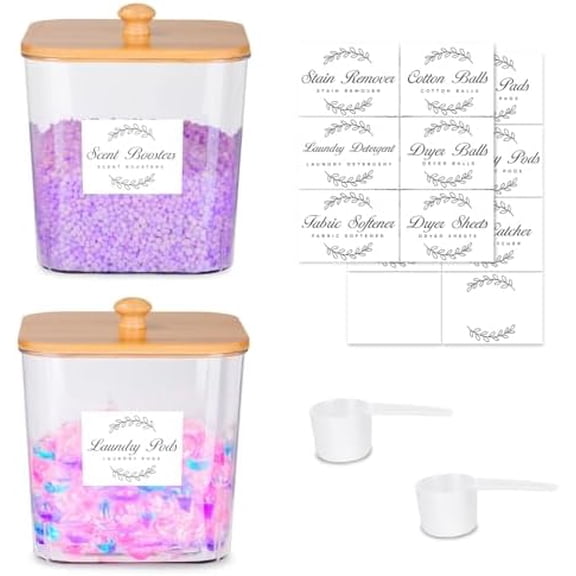 2 Pack Laundry Pods Container & Dryer Sheet Holder Set,Clear Laundry Room Organization Containers with Bamboo Lids and Labels,Laundry Pods Holder for Scent Booster,Powder,Pod
