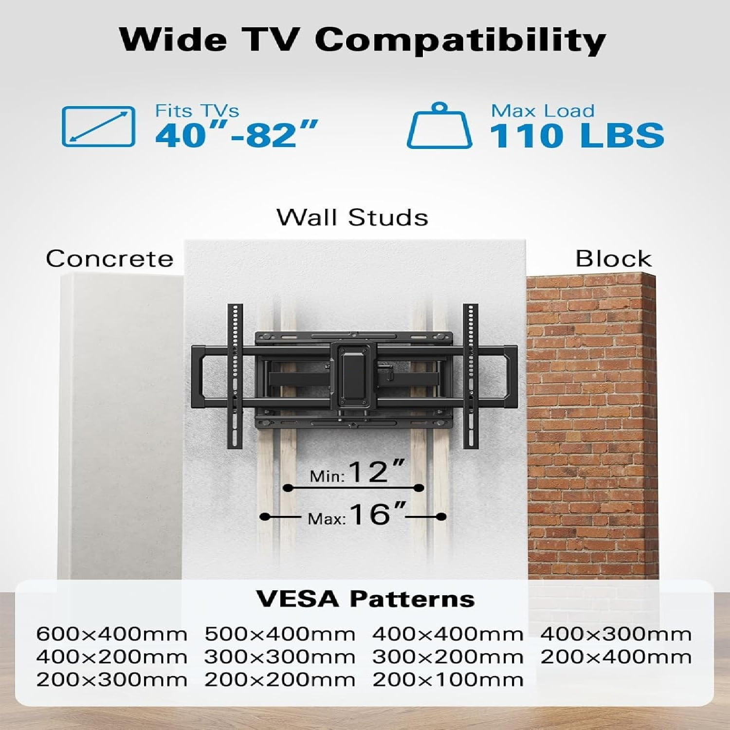 Full Motion TV Wall Mount for 40–82 inch Flat or Curved TVs, Smooth Swivel & Extension, Tool-Free Tilt with Heavy-Duty Arms, Max VESA 600x400mm up to 110 lbs, Fits 12″/16″ Wood Studs, PILF11