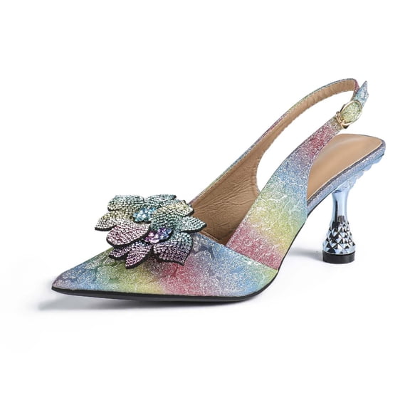 SACFOF Slingback Kitten Heels for Women Pointed Toe Colorful Heels with Floral Rhinestones Sparkly Heeled Sandals Prom Party Wedding