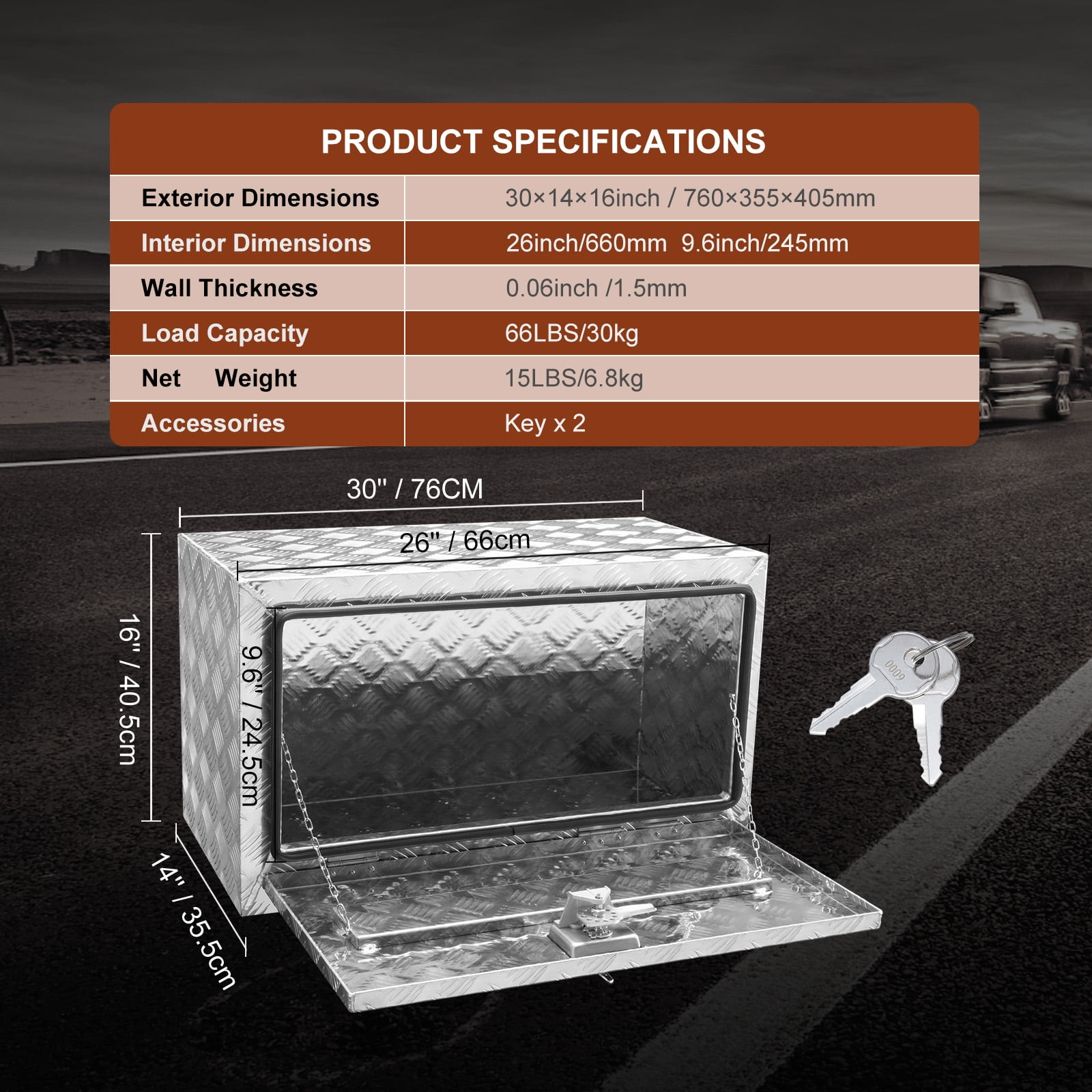 KFFKFF Underbody Aluminum Truck Tool Box 30" x 14" x 16" Trailer RV Tool Storage
