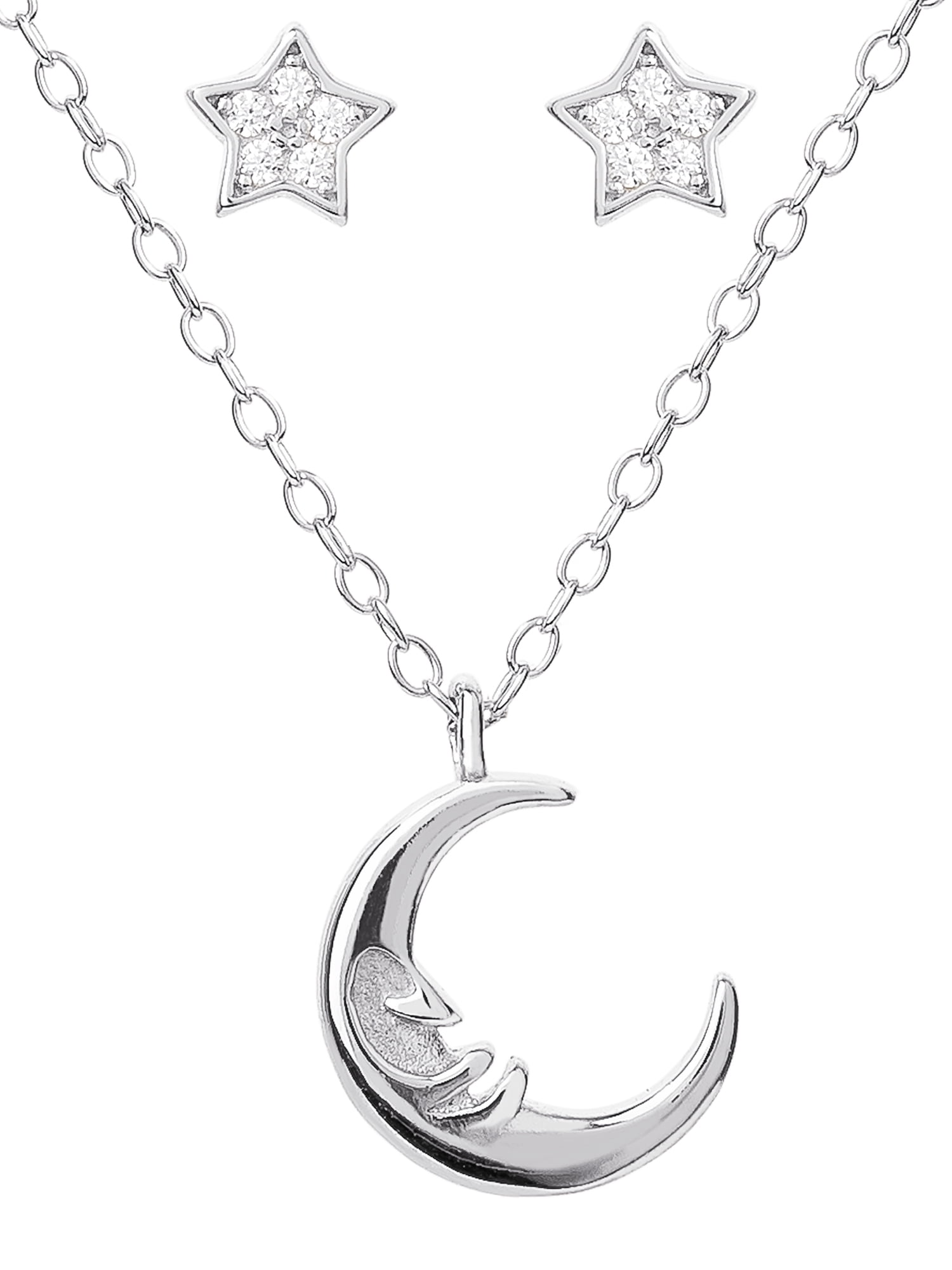 Sterling Silver Cubic Zirconia Moon Pendant And Star Earring Set, 18' + 2'