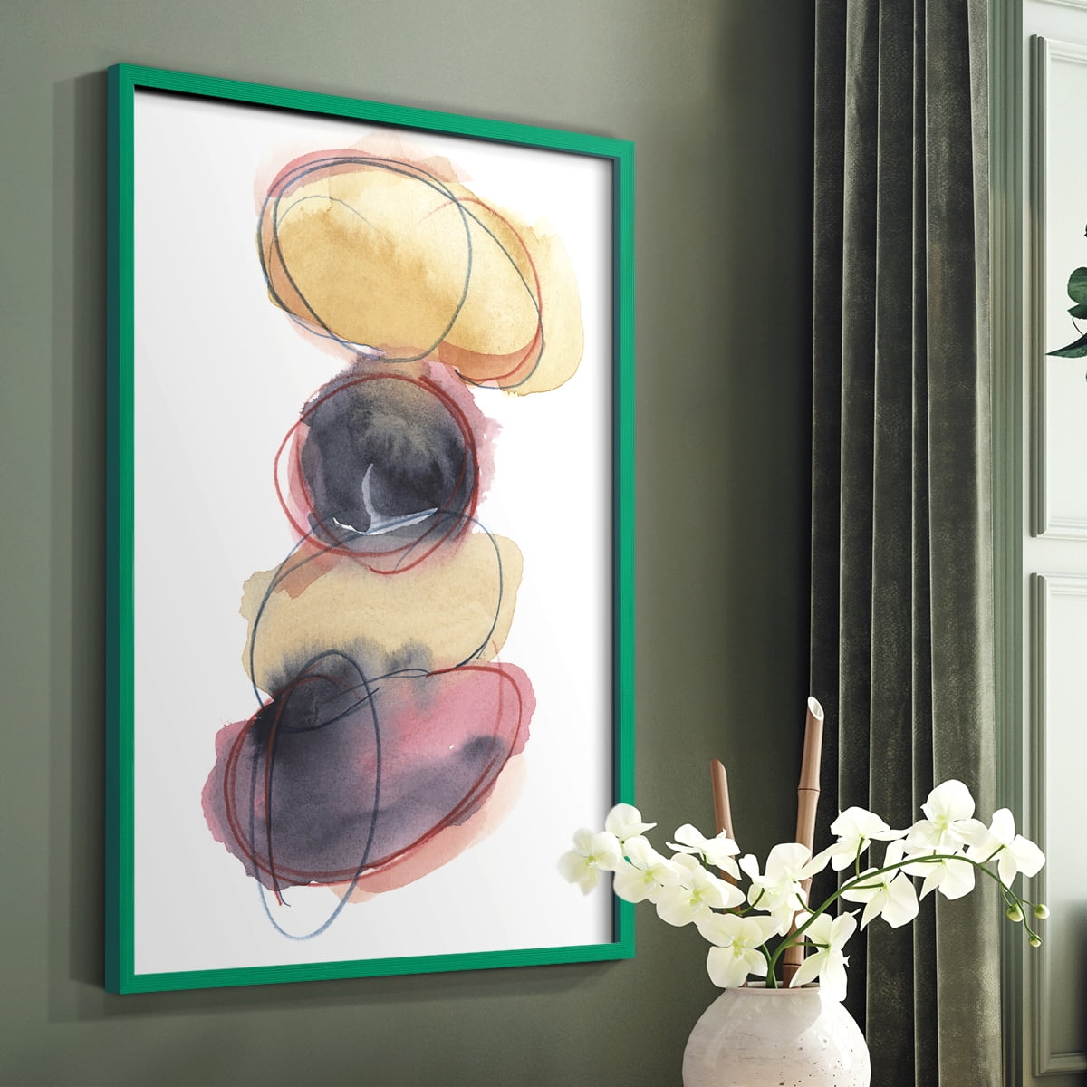 Balancing Act II Framed Print in Green Solid Wood Framed Print No Nail Hanging