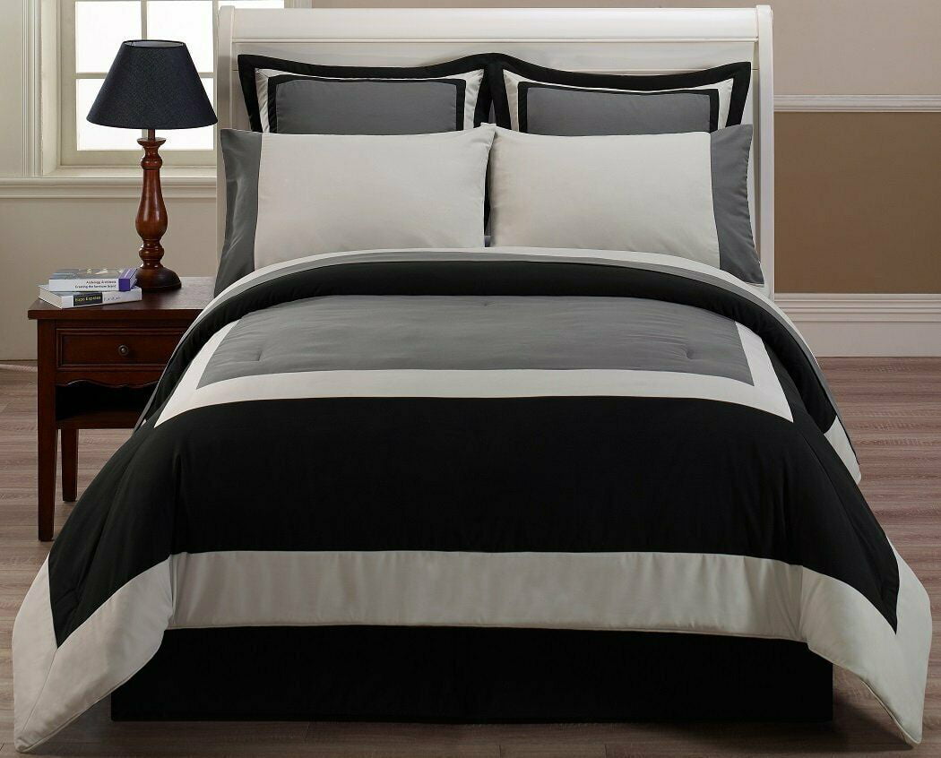8pcs Black Gray Hotel Style Complete Bed in a Bag Comforter Set and Sheet Set