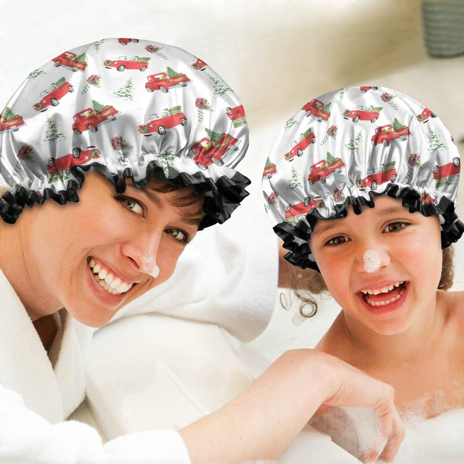 Shower Caps,Red Christmas Truck Pattern Waterproof Shower Cap for Women 4 Pieces,Double Reusable Hair Cover for Shower PEVA Elastic Stretch Hem