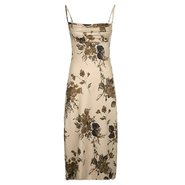 Women Elegant Bodycon Midi Dress Floral Print Sleeveless