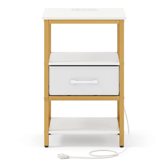 Furnibear Nightstand with Charging Station and Foldable Fabric Drawer and Open Shelves for Bedroom and Living Room, Bedside Table, White and Gold