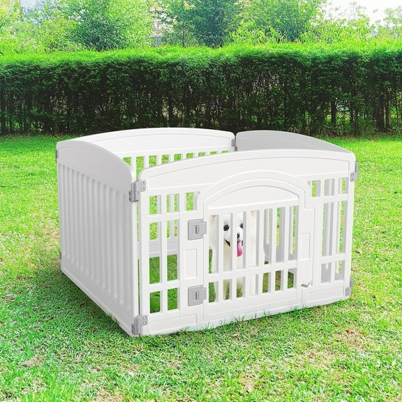 Expandable Plastic Dog Playpen - 4-Panel 24" Pet Fence for Medium Dogs with Secure Locking Door, White
