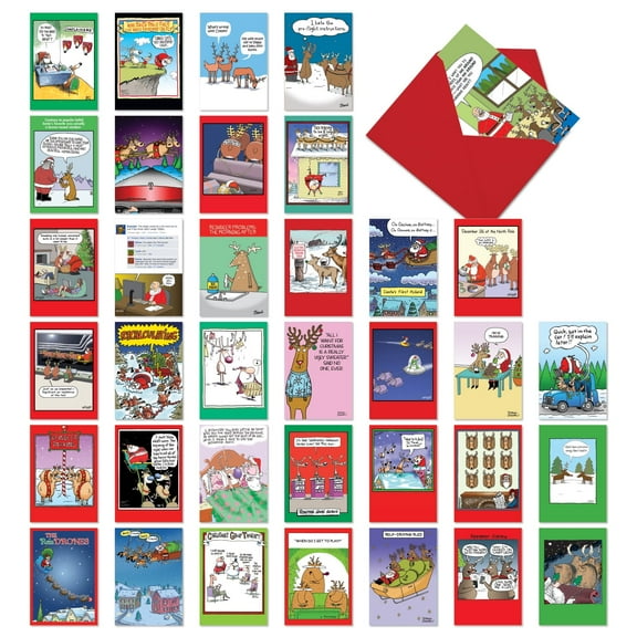 NobleWorks 36 Assorted Box Set Funny Christmas Greeting Cards w/5 x 7 Inch Envelopes (36 Designs, 1 Each) Fun Reindeer AC10711XSG-B1x36