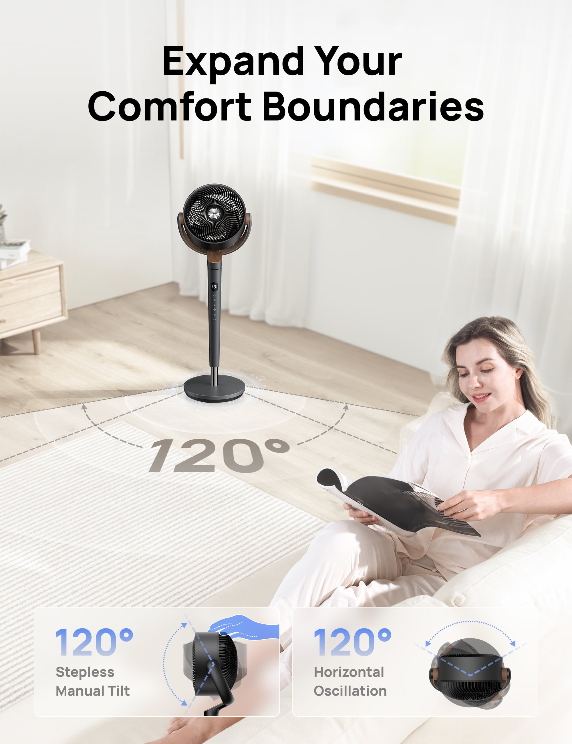 DREO 93ft Pedestal Fans for Home, 20dB Ultra Quiet Fan for Bedroom, 120° Oscillating fan, 9 Speeds, 4 modes, 8H Timer Standing Floor Fan with Remote, 35-40 inch Adjustable Height