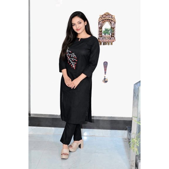 Nidhi Fashion women black Embroidered Kurta Set with Pants | 3/4 Sleeves Ethnic Wear