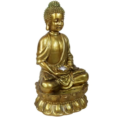 Sunnydaze 36 H Electric Fiberglass Relaxed Buddha Outdoor Water Fountain with LED Light