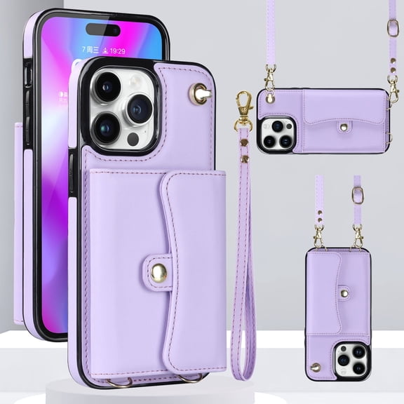 Allytechgroup Slim Wallet Case for iPhone 17, Kickstand Card Slots Cover with Wrist & Crossbody Shoulder Strap for Women Girls RFID Blocking Shockproof Non-Slip Soft TPU Back Case, Purple