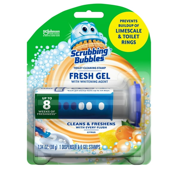 Scrubbing Bubbles Fresh Gel Toilet Cleaning Stamp, Citrus, Dispenser with 6 Gel Stamps, 1.34 oz