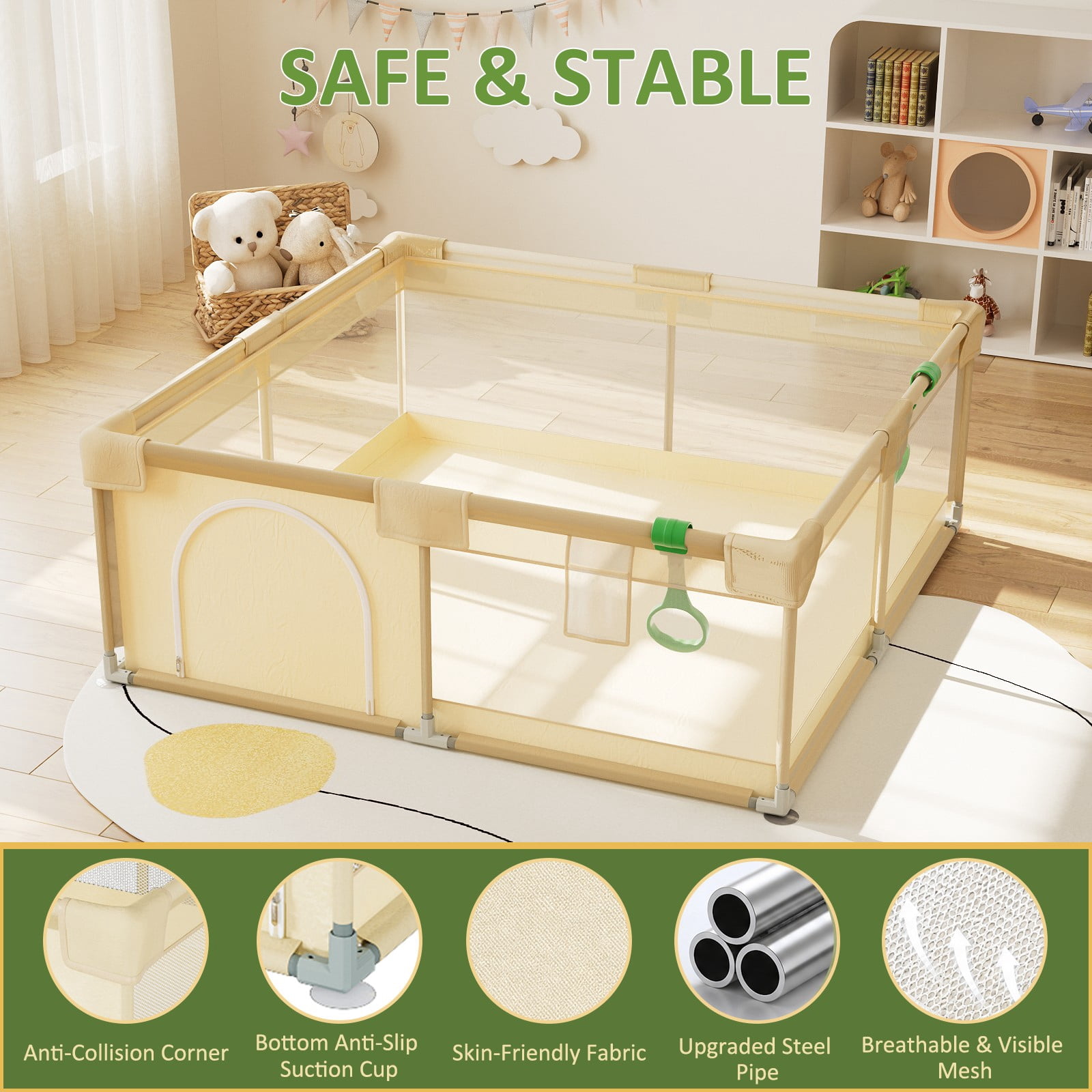 BEAUTYPEAK 60"x60" Large Baby Playpen Toddler Play Yard Fence for Boys and Girls, Pale Yellow
