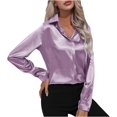 thumbnail image 3 of Camisas de manga larga para mujer, blusas de satén con botones, camisas casuales de oficina de negocios, cuello de solapa, blusas de seda con bolsillo, 3 of 5