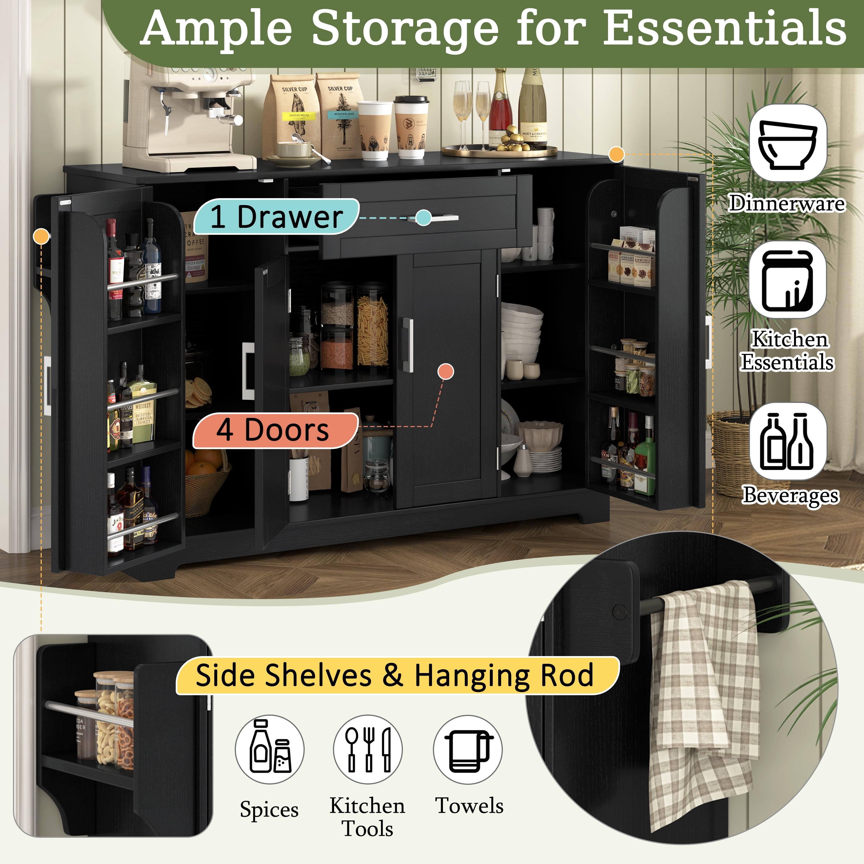 Mintazer 54" Modern Farmhouse Sideboard Buffet Cabinet with 4 Doors & Drawer and Adjustable Shelves, Freestanding Kitchen Storage Cabinet with Side Racks & Hanging Rod, Black