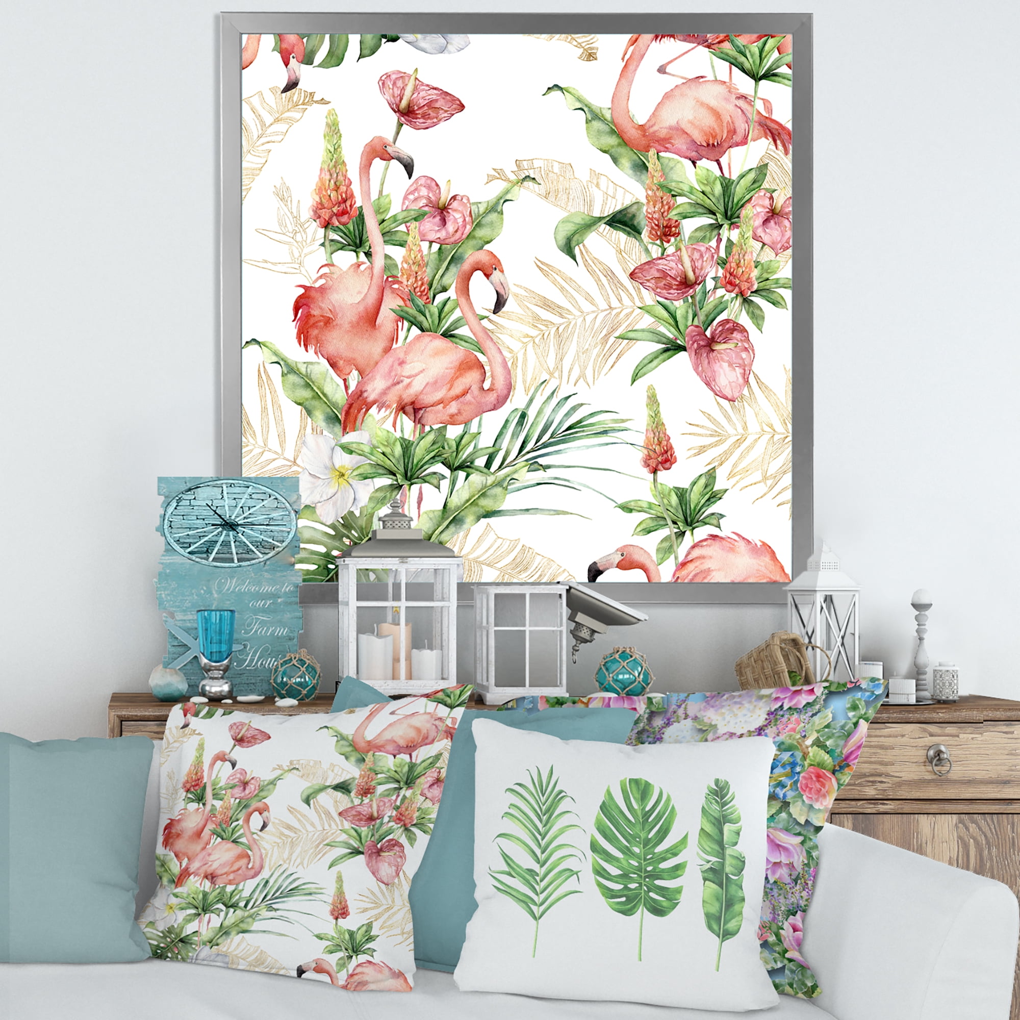 Designart 'Tropical Flowers & Gold Leaves With Pink Flamingos' Traditional Framed Art Print