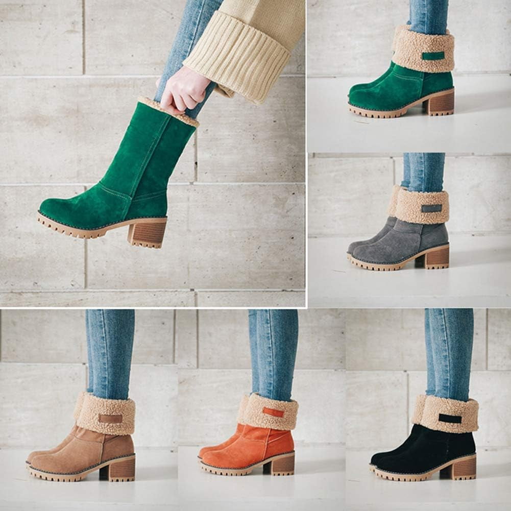 Women Foldable Faux Suede Cuff Winter Ankle Booties, Chunky Block Heel Warm Anti-Slip Casual Outdoor Boots