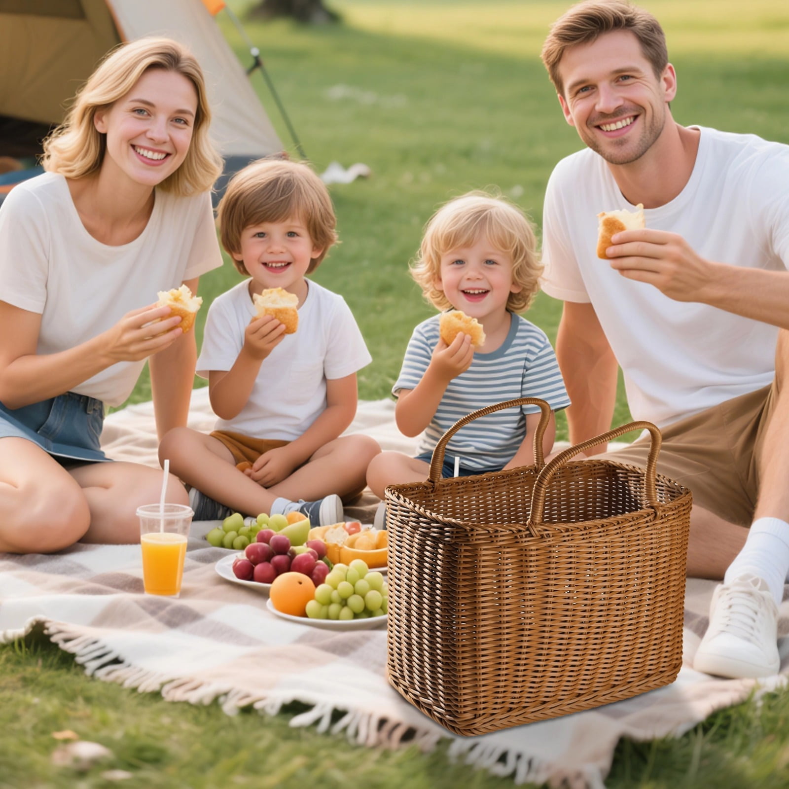 Plastic Wicker Storage Basket Large, Extra Large Plastic Wicker Basket for Picnic and Grocery, Long-Lasting Rectangular Basket with Handles, Large Wicker Storage Basket for Outdoor Use