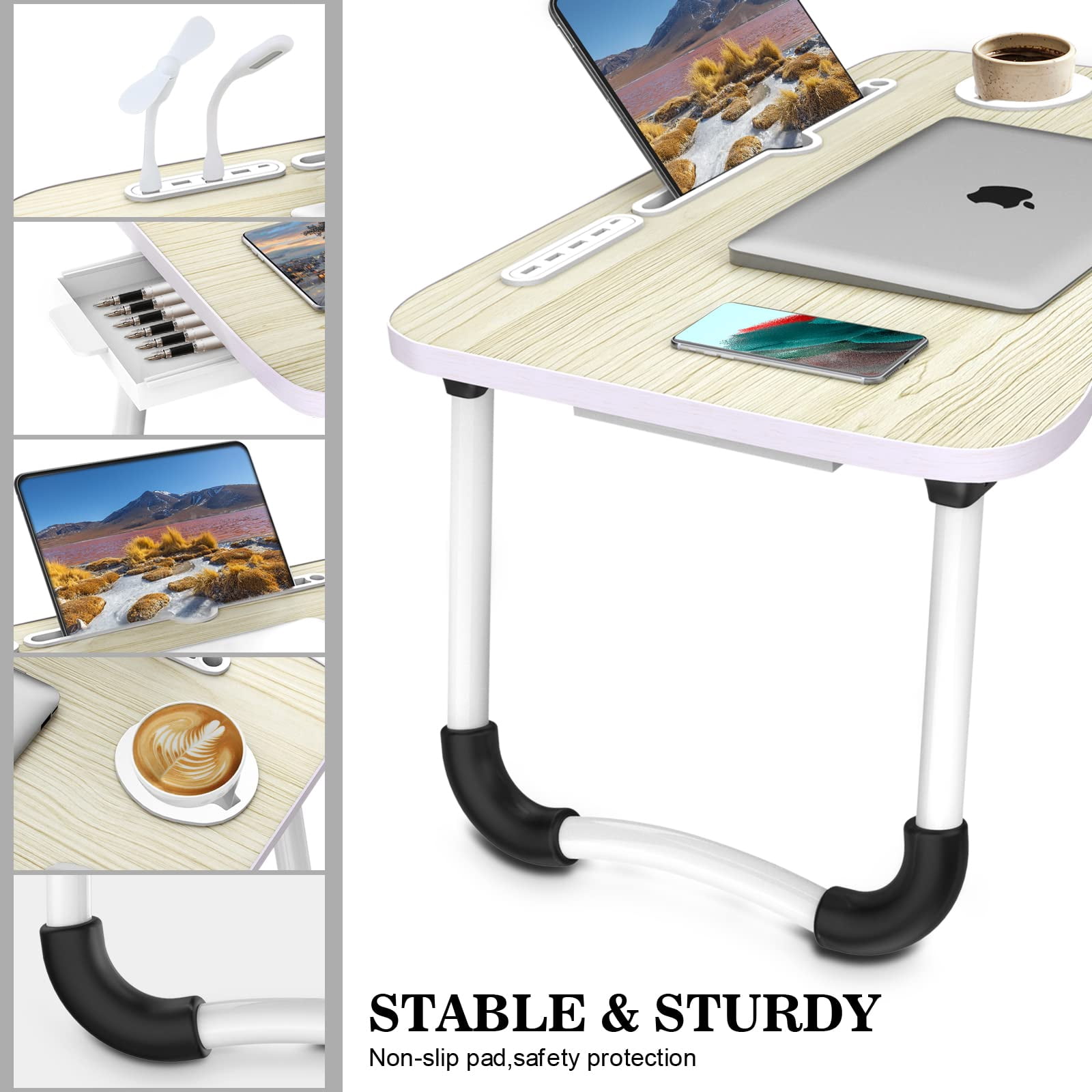 Laptop Lap Desk  Foldable Table Tray With 4 Usb Ports Storage Drawer And Cup Holder Bed Notebook Stand Laptray Portable Standing For Couch Floor