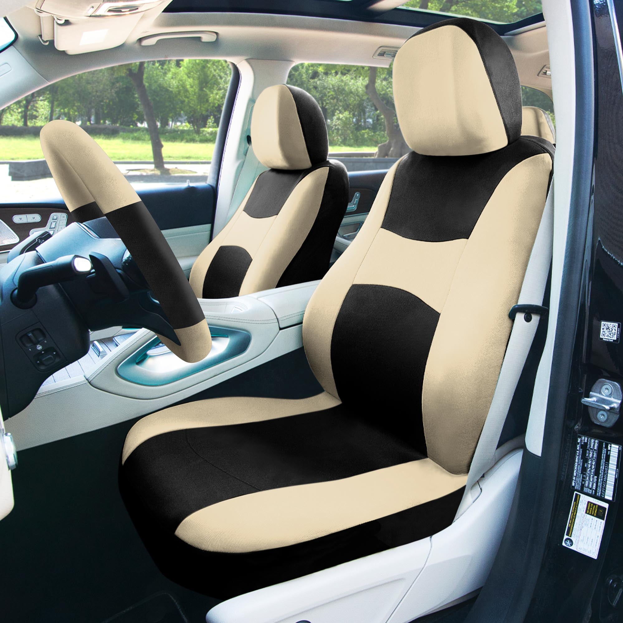 FH Group Light & Breezy Flat Cloth Car Seat Cover, Universal Beige Full Set Seat Covers with Air Freshener