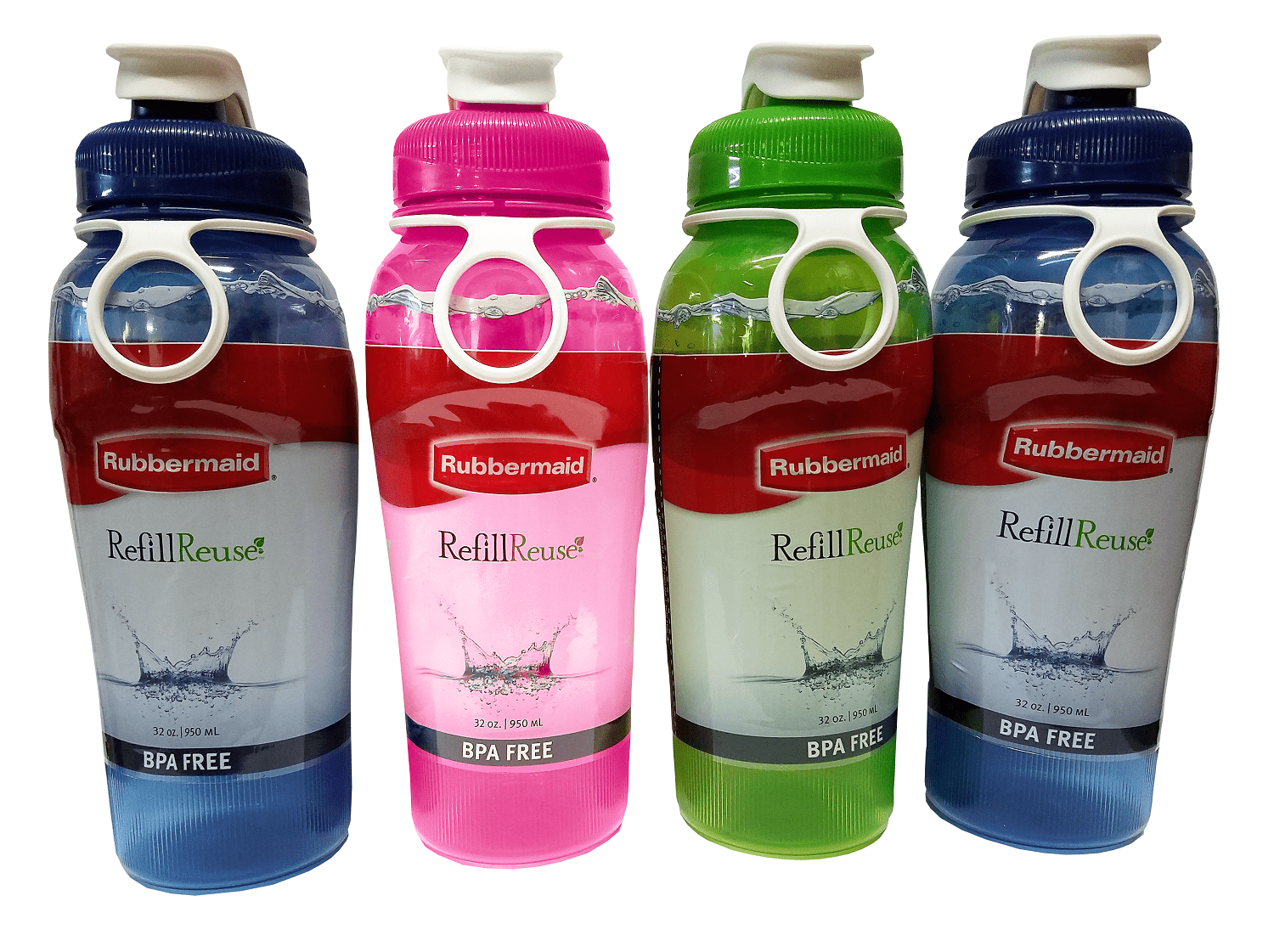 Rubbermaid Refill Reuse 32-Ounce Jumbo Size Chug Bottle Assorted Colors  (Pack 4) 