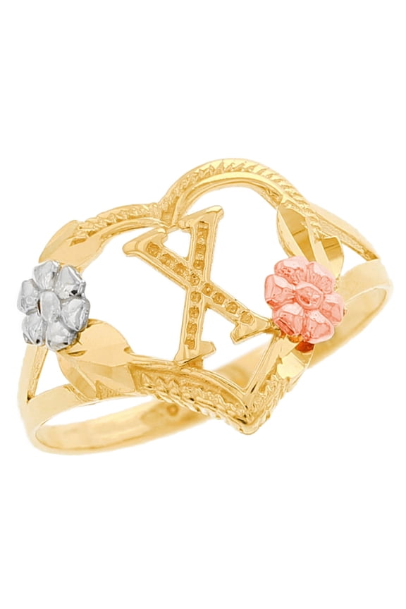 14k Multi-Tone Gold Diamond Cut Floral Letter Initial X Heart Ring