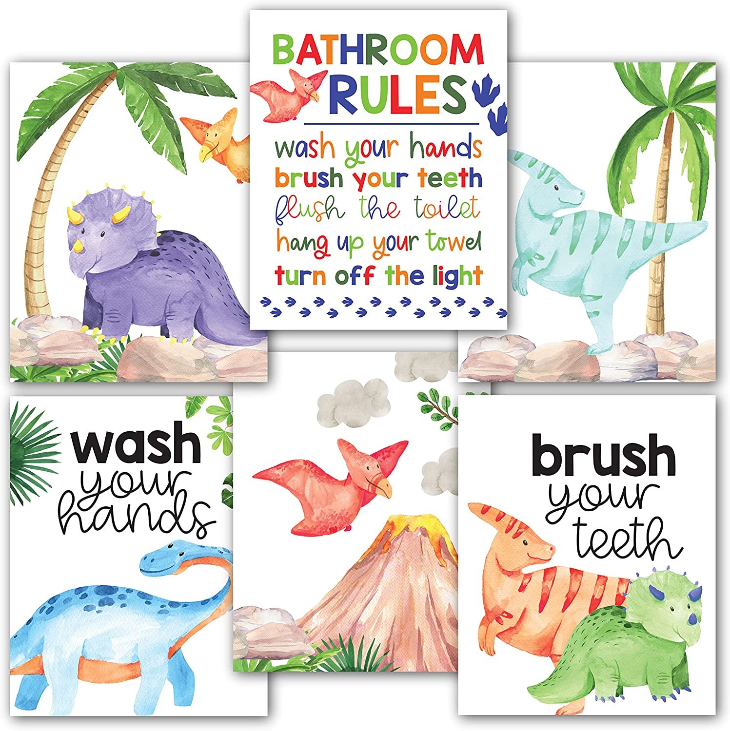 6 Reversible Dinosaur Bathroom Decor Wall Art 8x10 Kids Bathroom