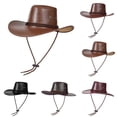 thumbnail image 3 of Xfvqtps Mens and Womens Leather Cowboy Hat Adjustable Strap Wide Brim Vintage Western Cowboy Style Sun Hat, 3 of 3