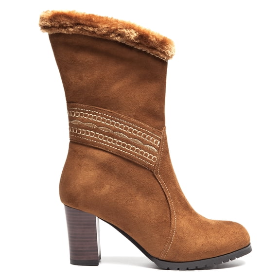 Ferwind Women's Shearling Slouch Booties Embroidery Suede Upper Chunky Heels Adult Brown  8