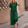 thumbnail image 5 of Summer Plus Size Linen Sets for Women 2 Piece Outfits Crewneck Half Sleeve Long Pants Lounge Solid Set with Pockets, 5 of 5
