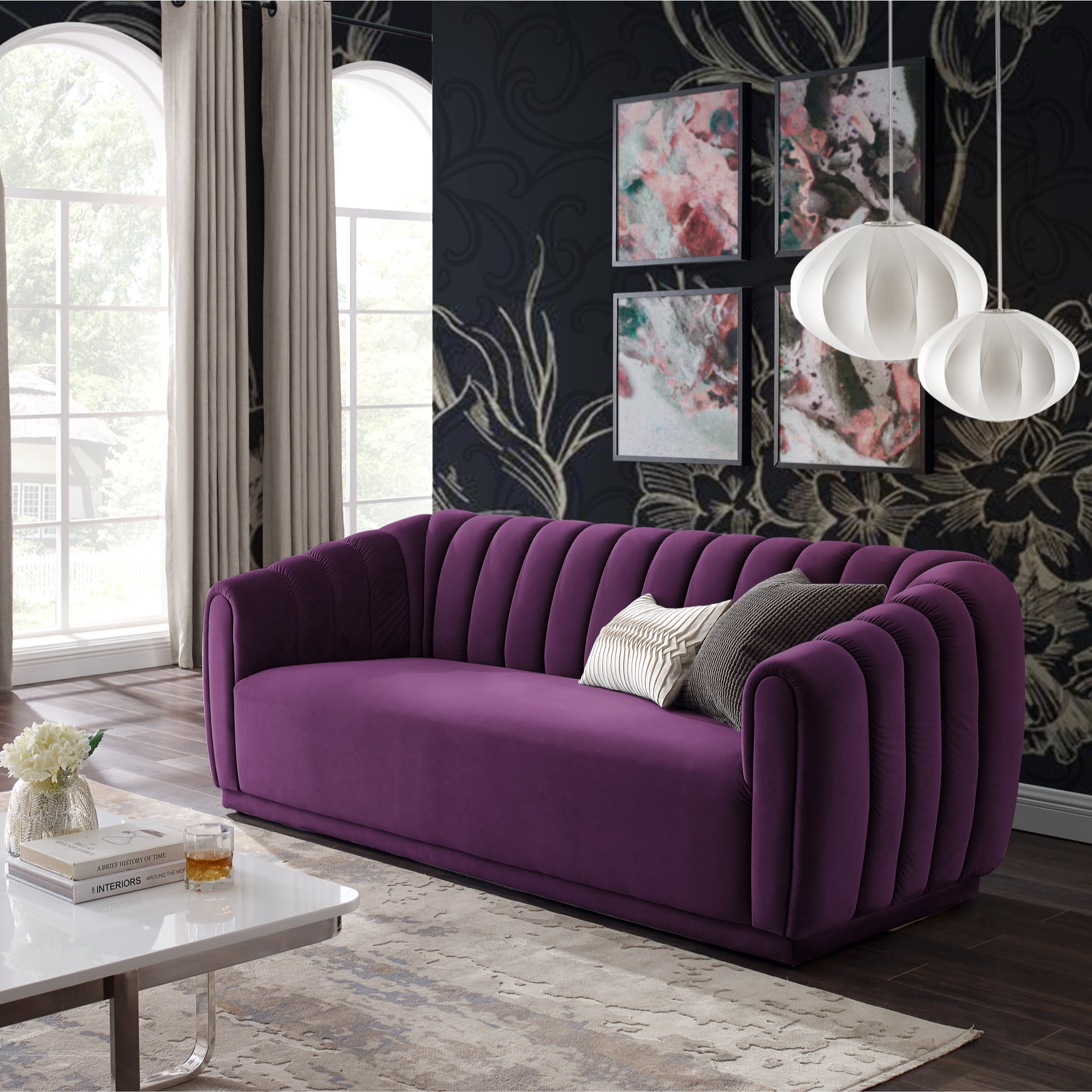 Fabien Purple Velvet 85 Long Sofa Channel Tufted Arms And Back Rolled Arms Sinuous Spring Seat Construction Walmart Com Walmart Com