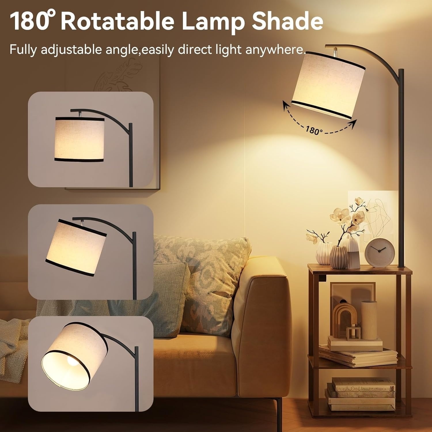 Floor lamp with table, living room side table with lamp, shelf side table with charging station