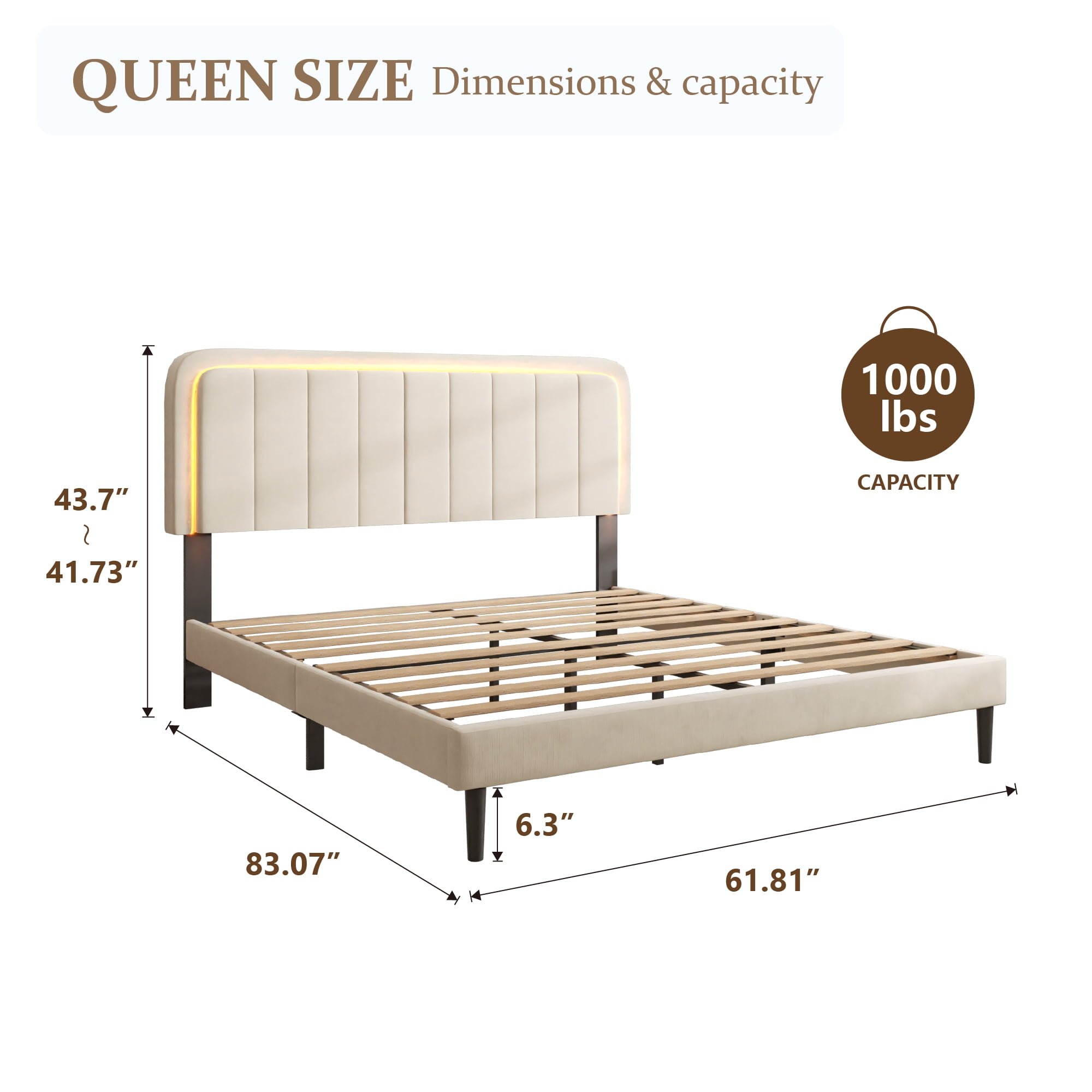 Queen Size Upholstered Bed Frame with Adjustable Headboard, LED Lights, Wooden Slat Support, Velvet Platform Bed, No Box Spring Needed, Easy Assembly, Noise-Free, Beige